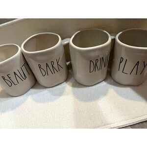 Rae Dunn Set of 4 Coffee Mugs Ceramic BARK DRINK BEAUTY PLAY